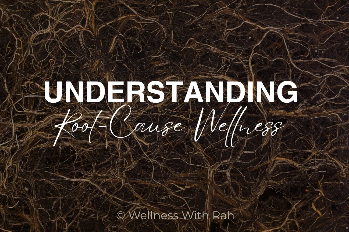 Close-up of tangled roots in dark soil overlaid with the text "Understanding Root-Cause Wellness" — symbolizing the foundation beneath everyday health symptoms.