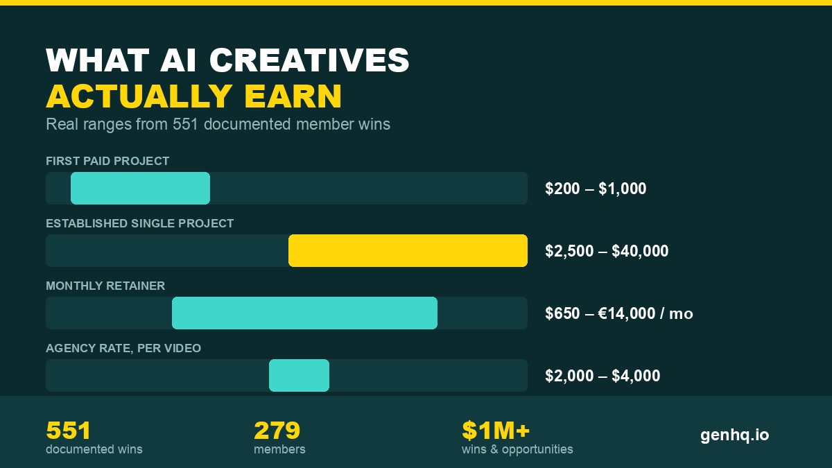 Chart of what AI creatives earn: first paid project $200 to $1,000, established single project $2,500 to $40,000, monthly retainer $650 to 14,000 euro, agency rate $2,000 to $4,000 per video