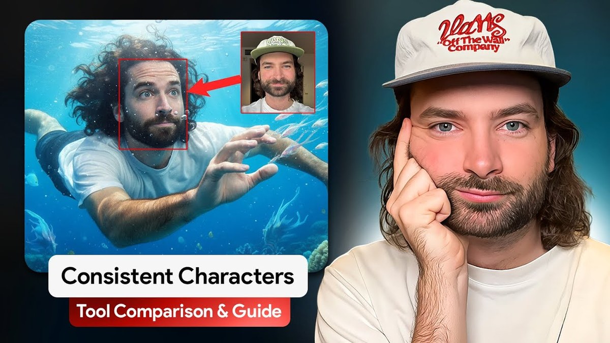 Rourke Heath beside a reference photo being matched to an AI generated version of the same face, titled Consistent Characters
