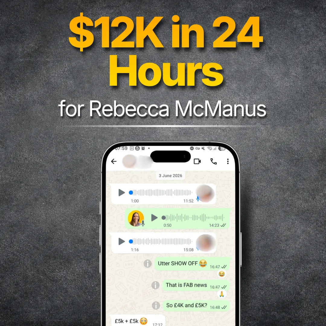 A client result screenshot: Showing Rebecca Mc Manus making $2K in 24 hours