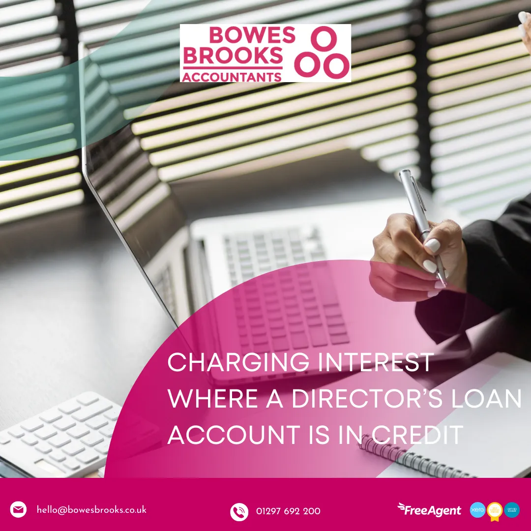 Person reviewing finances on a laptop with headline “Charging interest where a director’s loan account is in credit”, illustrating UK tax rules for director loan interest and DLA planning.