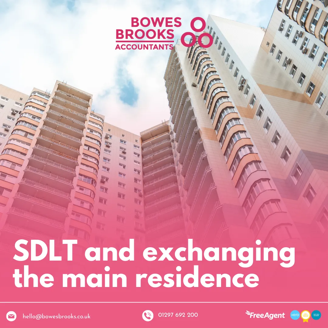 Modern apartment buildings with headline “SDLT and exchanging the main residence”, representing UK stamp duty rules, second property surcharge, and main residence replacement guidance.