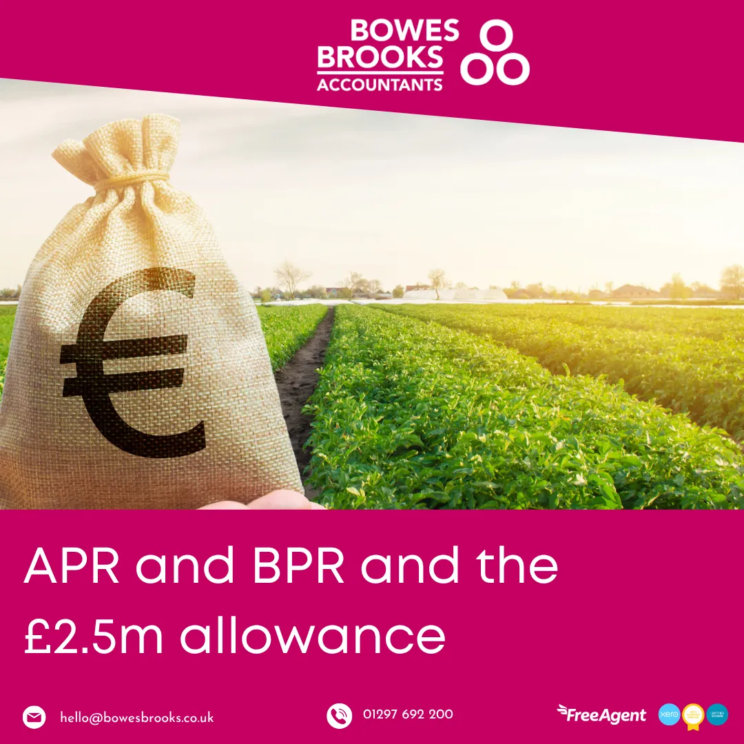 Money bag with euro symbol in farmland representing agricultural and business property relief (APR and BPR) and the £2.5m inheritance tax allowance changes from April 2026.