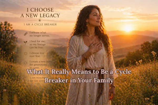 Woman standing alone in a field at sunrise, strong and grounded, a cycle breaker in her family lineage