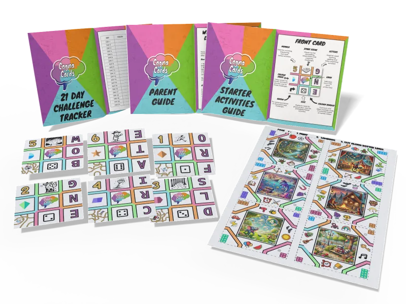 CogniCards Starter Kit – A complete cognitive development toolkit featuring a colorful box, activity cards, a 21-day challenge tracker, a parent guide, and an activity book designed to enhance children's memory, focus, and problem-solving skills