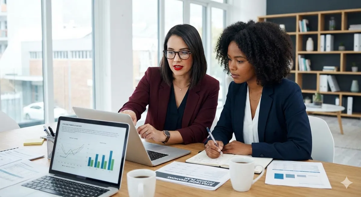 A modern, clean 3:2 image showing a diverse family of four—parents and two children—gathered around a kitchen table, smiling as they review financial documents together. The background is bright and airy, with soft natural light and minimalistic decor, conveying trust and optimism.