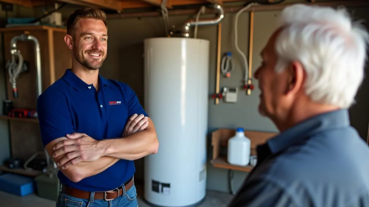 Plumbing talking to woman in kitchen. 