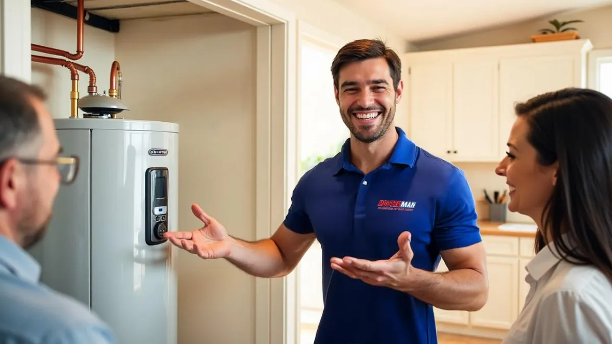 Plumbing talking to woman in kitchen. 