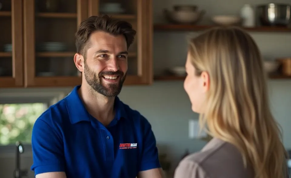 Plumbing talking to woman in kitchen. 