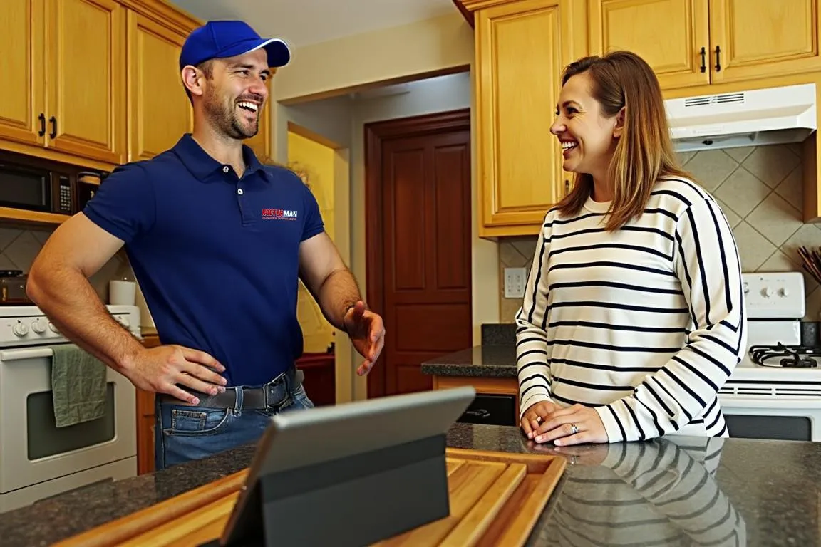 Plumbing talking to woman in kitchen. 