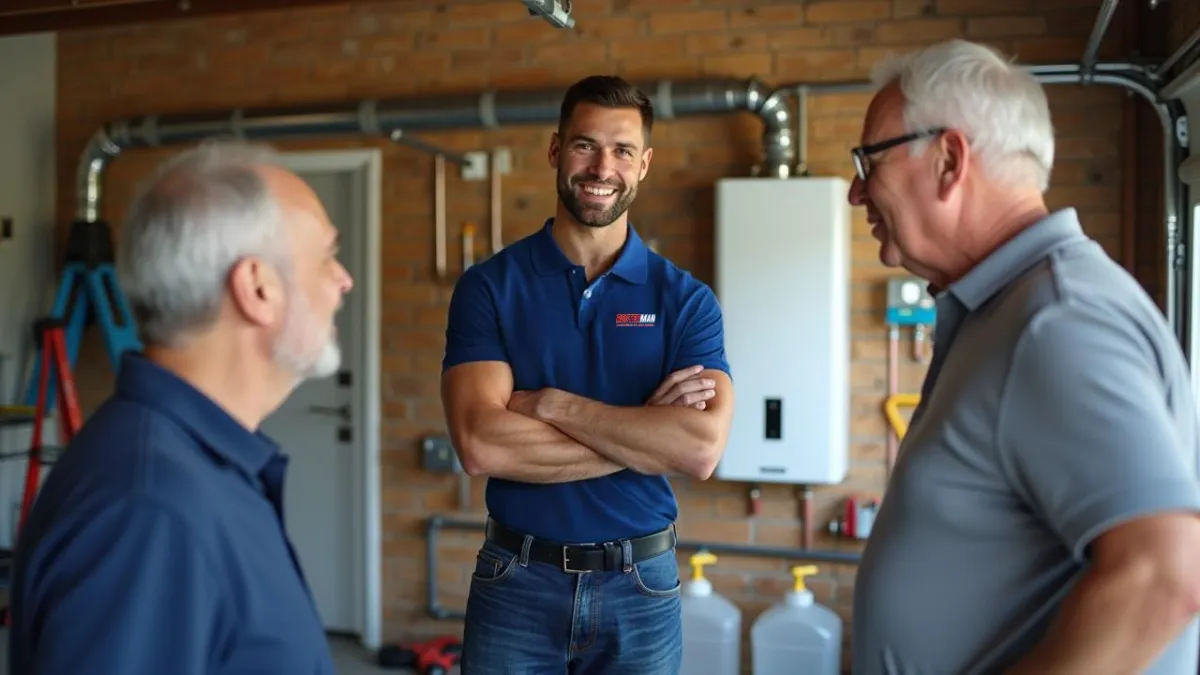 Plumbing talking to woman in kitchen. 