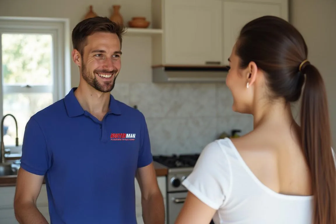 Plumbing talking to woman in kitchen. 