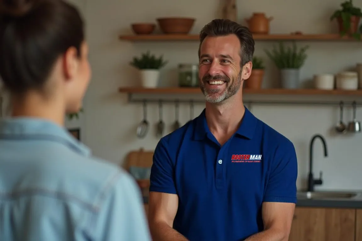 Plumbing talking to woman in kitchen. 