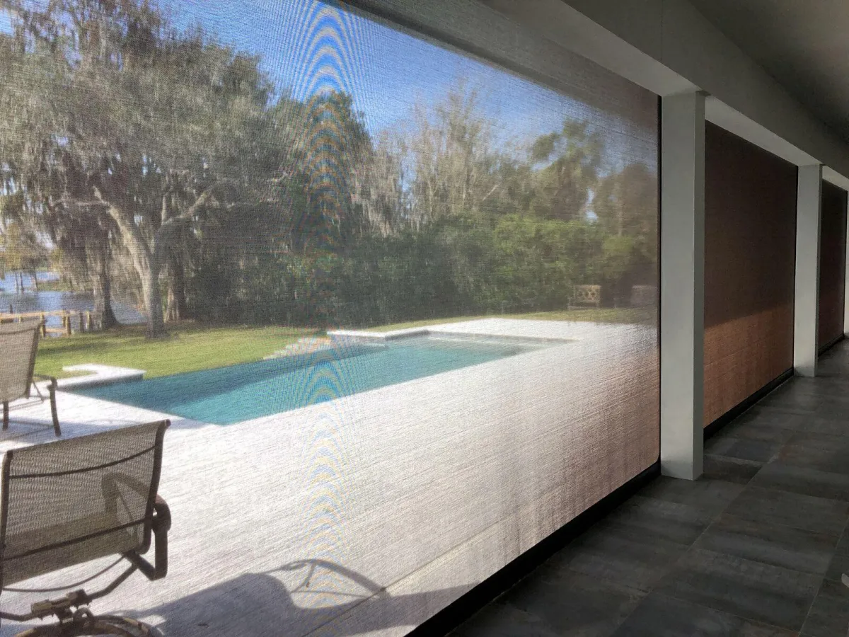 Housed screen unit with integrated solar mesh for sun and insect protection with modern frame detailing