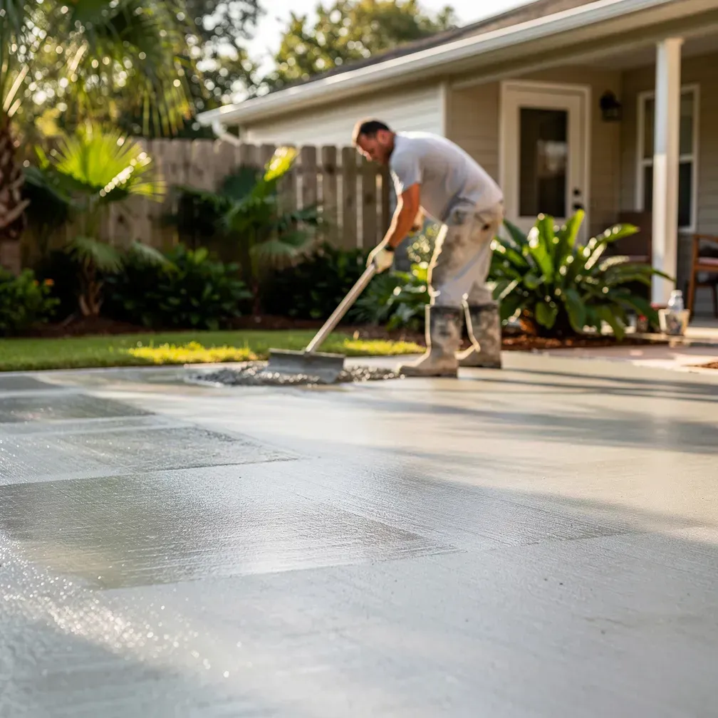 Concrete contractor finishing a residential patio installation in a Marrero Louisiana backyard