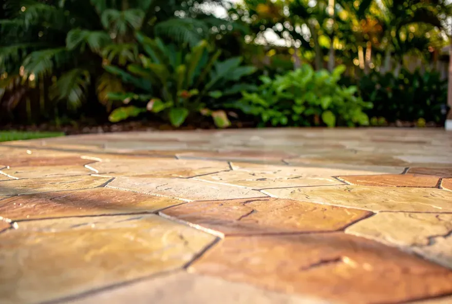 Finished stamped concrete patio with stone pattern attached to a house