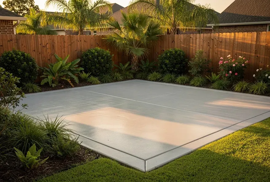 Smooth freshly finished concrete patio with clean edges in a suburban backyard in Marrero Louisiana