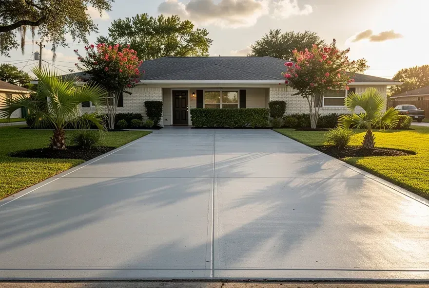 Finished concrete driveway leading to a garage door