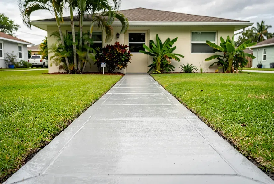 Finished concrete sidewalk running alongside a home