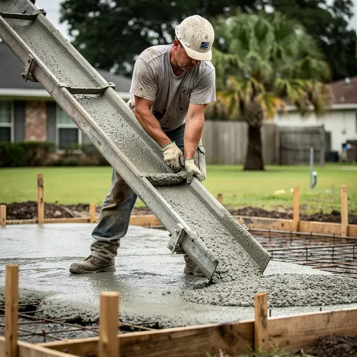 Concrete worker pouring and spreading fresh concrete on a residential job site in Marrero Louisiana