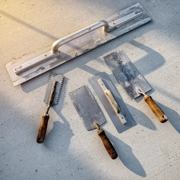 Professional concrete finishing tools including trowels bull float and edger laid out on a job site in Marrero Louisiana