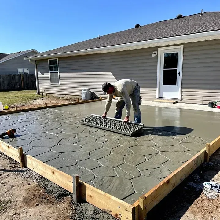 Concrete worker pressing stamping mat into fresh concrete patio surface in Marrero Louisiana