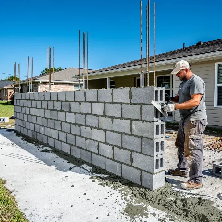 Concrete worker laying CMU blocks on a residential block wall installation in Marrero Louisiana