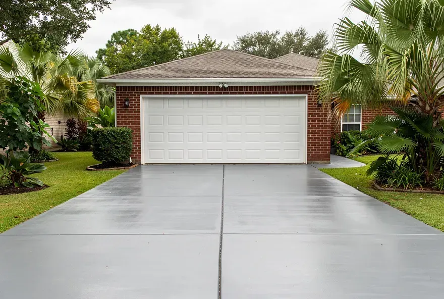 Finished concrete driveway leading to a garage door