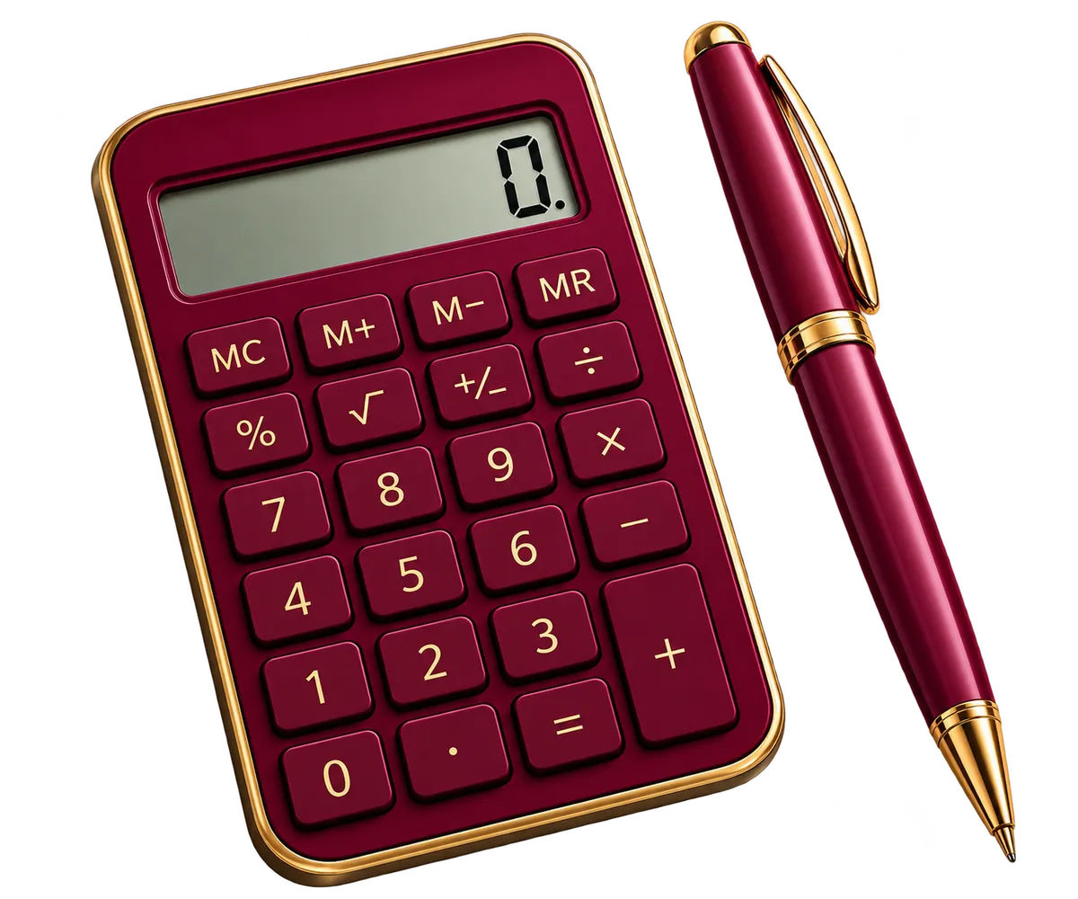 A standard desktop calculator, angled slightly on an office desk