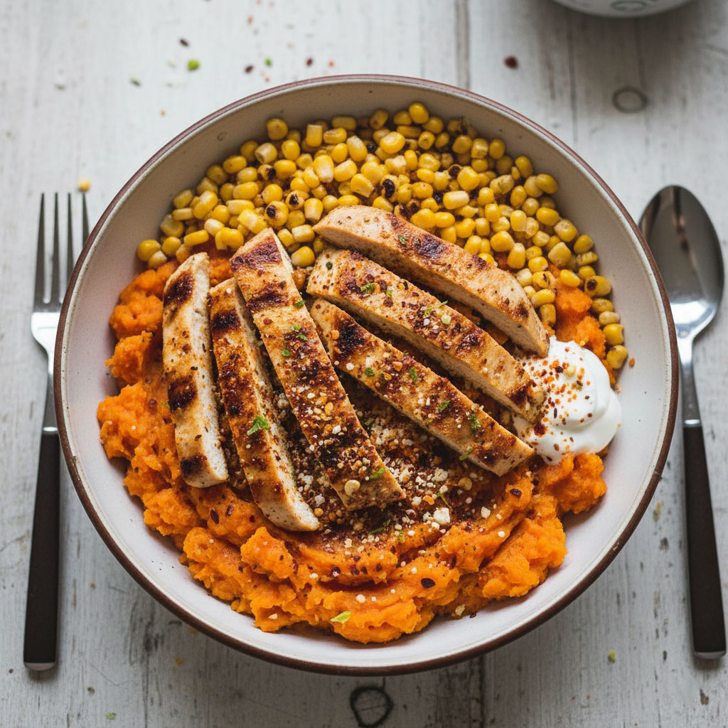 chicken strips, sweet potatoes, and roasted corn
