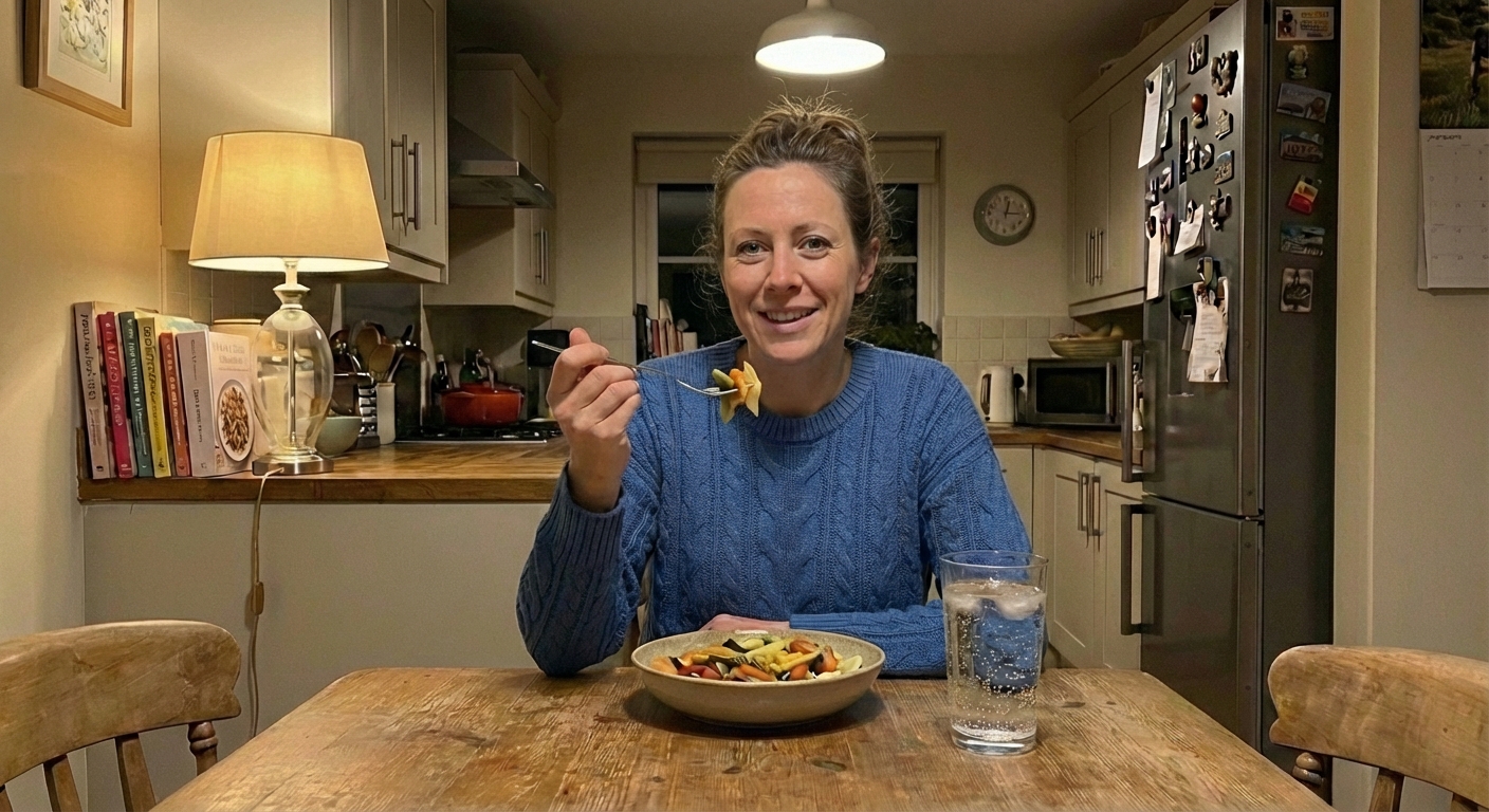 woman enjoying simple easy dinner after work without stress
