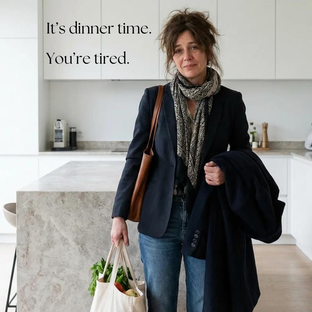 tired woman choosing easy dinner in grocery app at 5pm