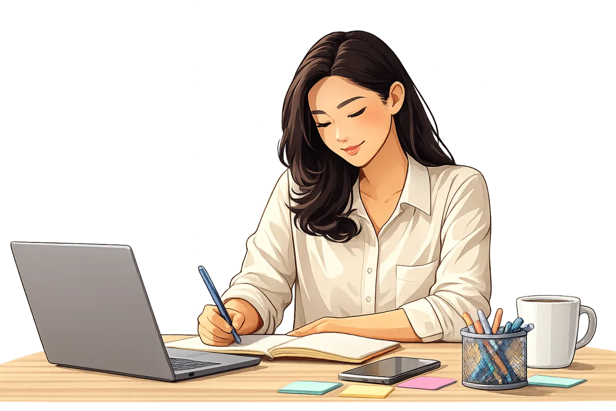 Illustration of a business owner validating an online business idea by planning and testing at a desk.