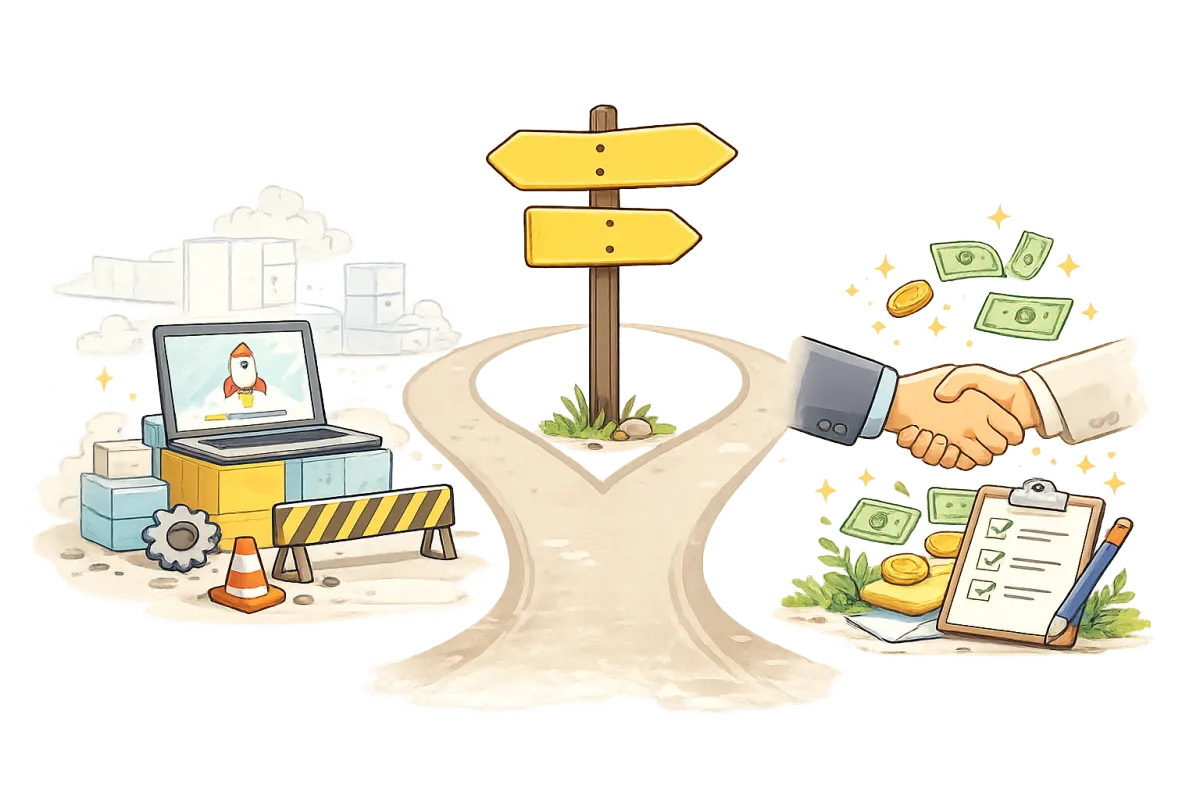 Illustration showing two paths for launching an offer: building first versus testing and pre-selling before creation.