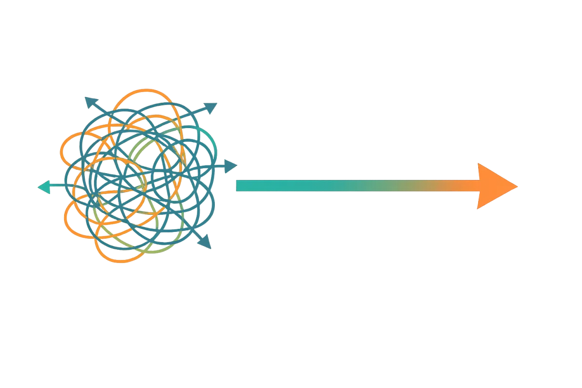 Illustration showing a messy, tangled path transforming into a single clear arrow, representing a simple online offer.