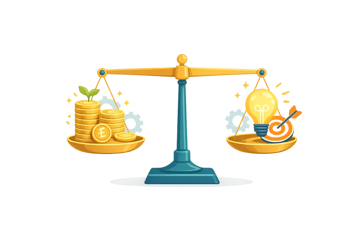 Illustration of a balanced scale weighing coins against a lightbulb and target, representing pricing an offer based on value and outcome.