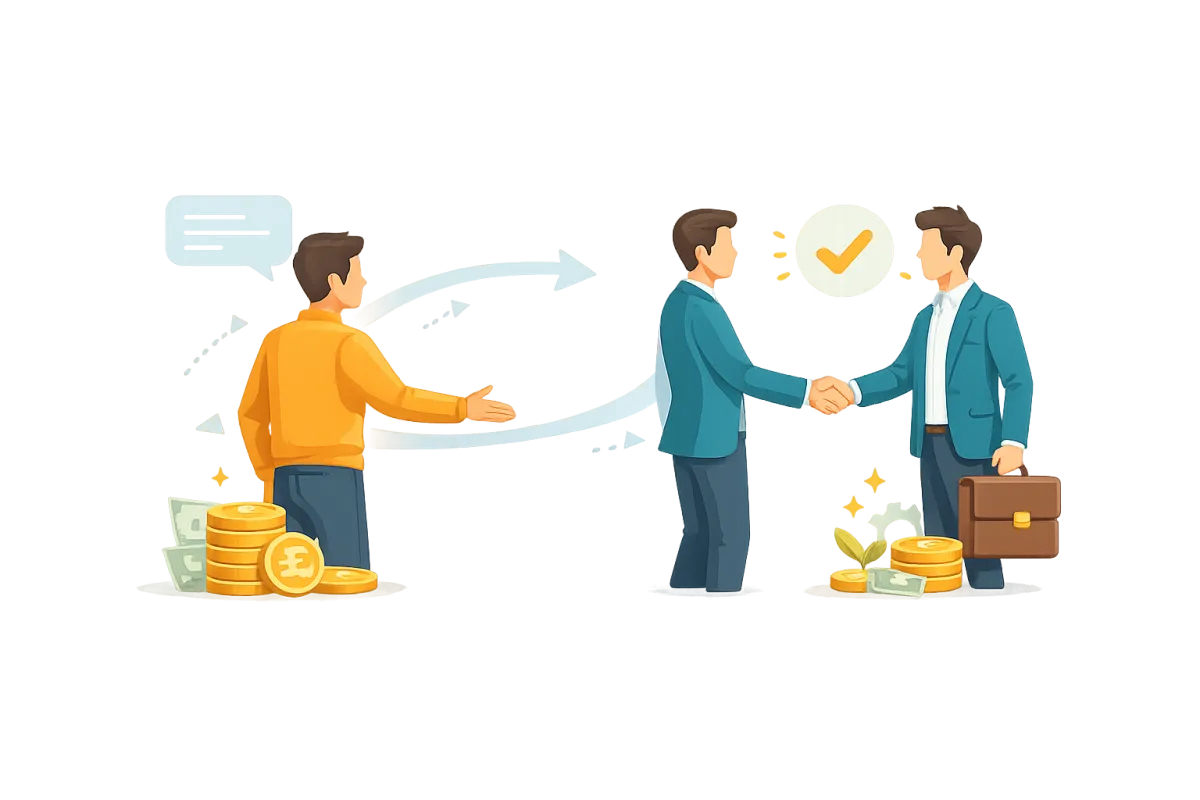 Vector illustration of two people shaking hands after outreach, representing getting your first paying client through direct conversation.