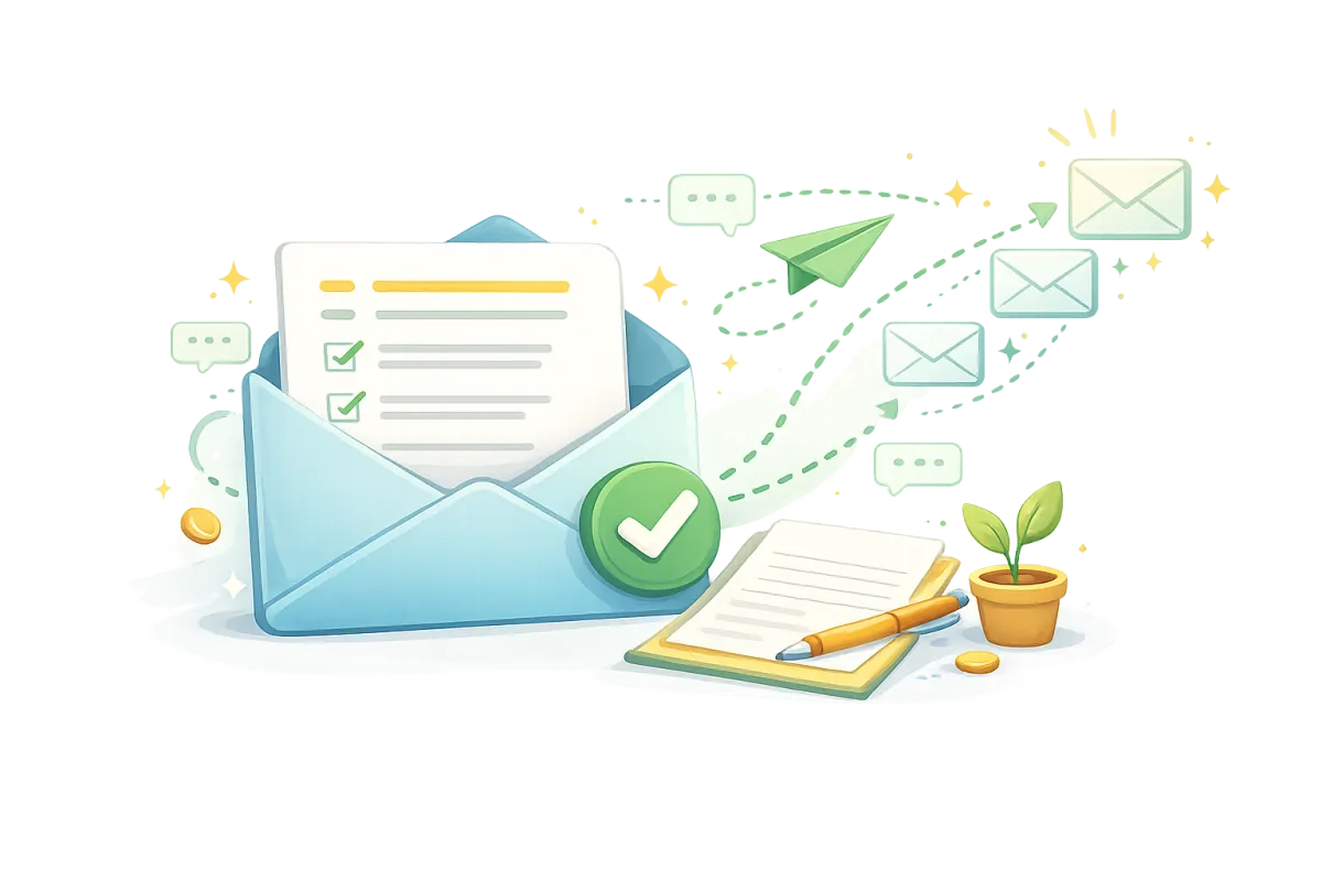 Flat illustration of a clear email message with a checkmark and paper airplane, representing writing clearer and more direct marketing emails.