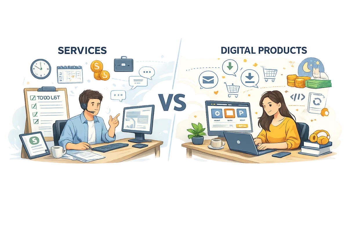 Split-screen 2D illustration comparing services and digital products, showing a consultant working one-on-one with a client on the left and a digital product seller managing online sales on a laptop on the right, with icons representing time, payments, automation, and scalability.