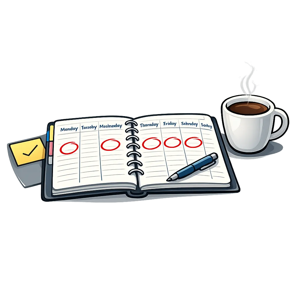 Weekly email schedule marked on calendar beside coffee cup