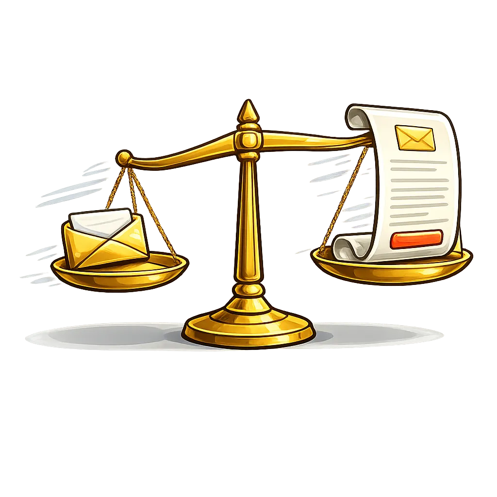 Cartoon illustration comparing short and long marketing email formats