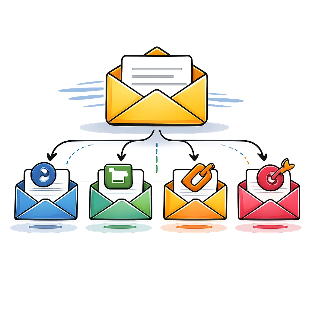 Cartoon illustration of email list splitting into segmented groups