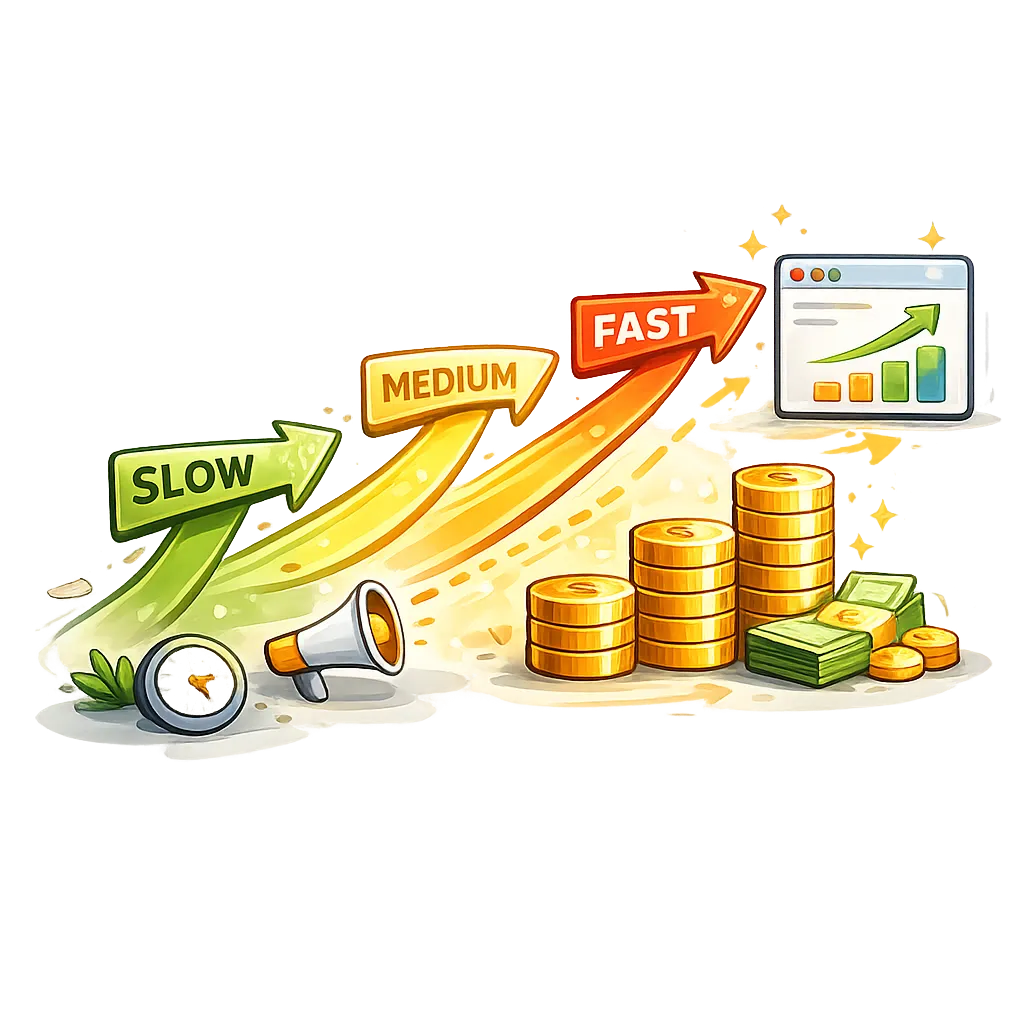 Cartoon arrows showing fast, medium and slow paths to website traffic