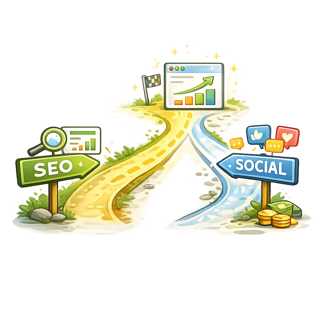 Cartoon split path showing SEO and social media leading to website traffic