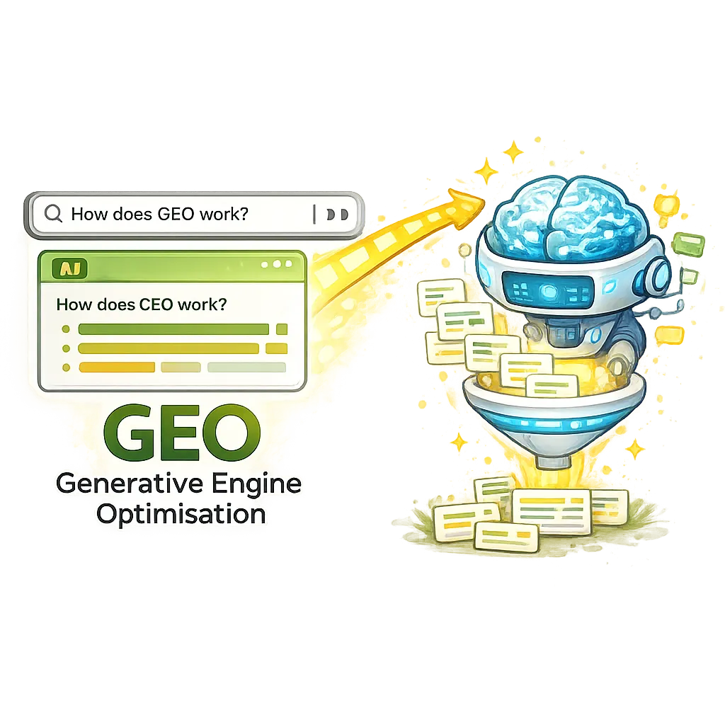 Cartoon search bar transforming into AI brain extracting structured content