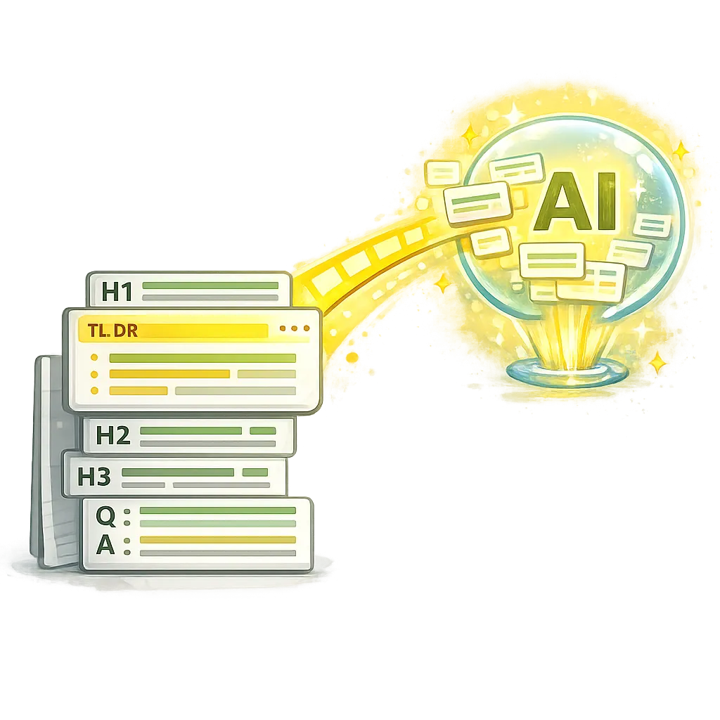 Cartoon structured content blocks being extracted into AI citation bubble