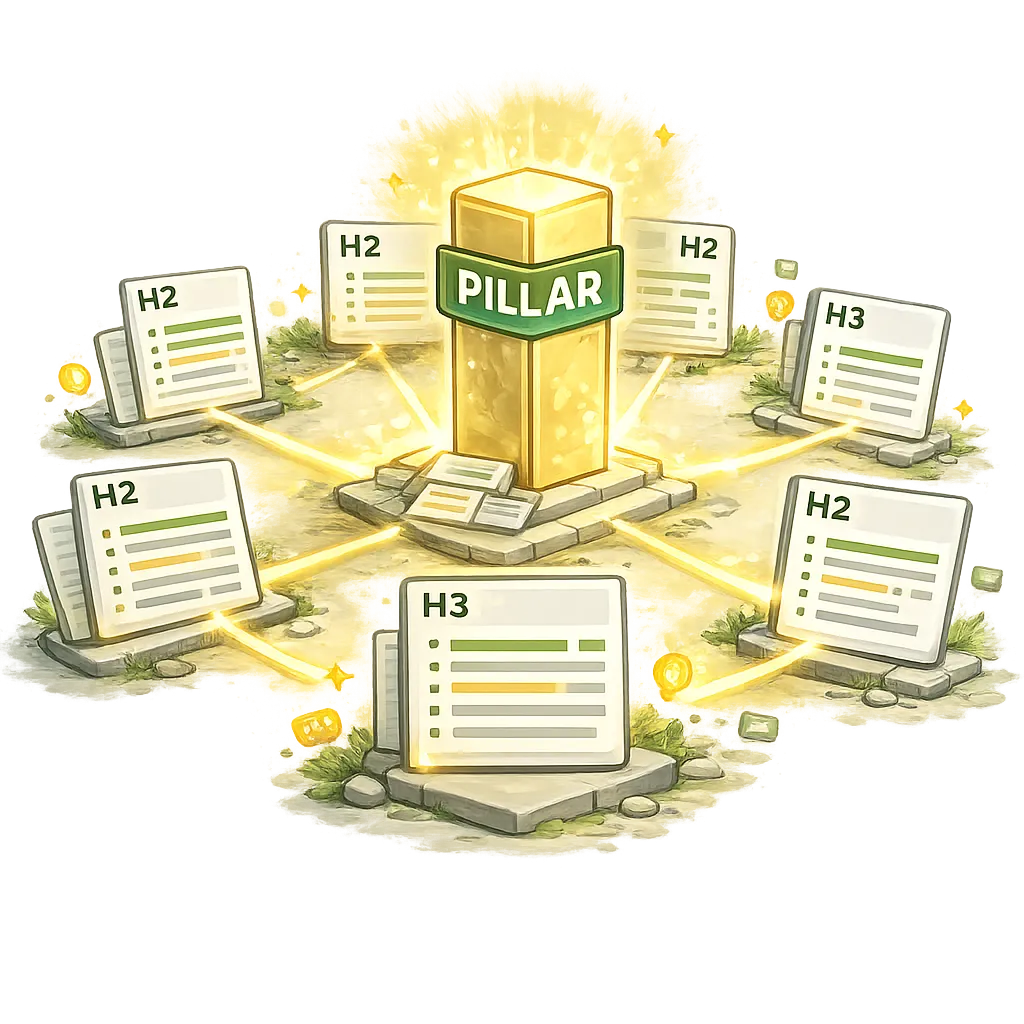 Cartoon content cluster with central pillar and connected supporting articles