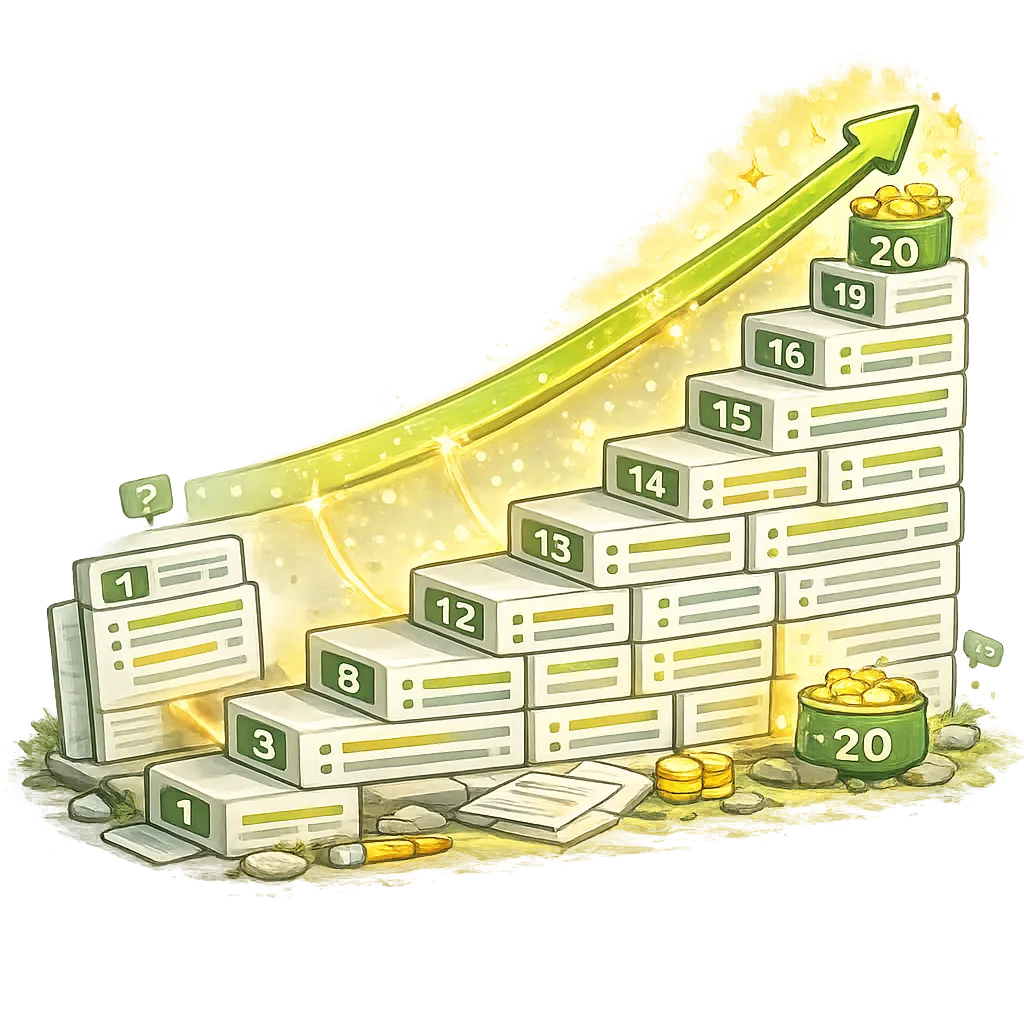 Cartoon stacked blog posts forming upward growth chart