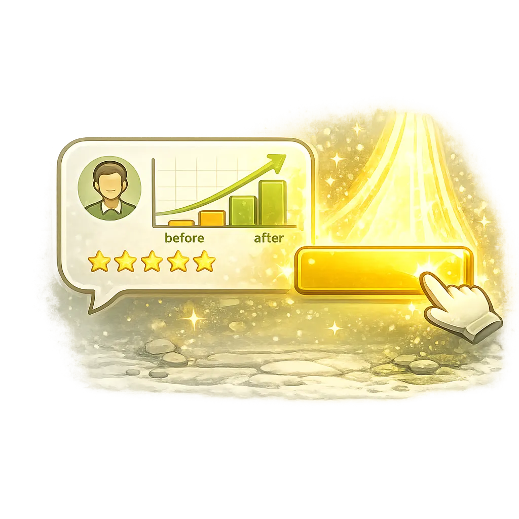 Cartoon testimonial bubble showing measurable transformation supporting CTA