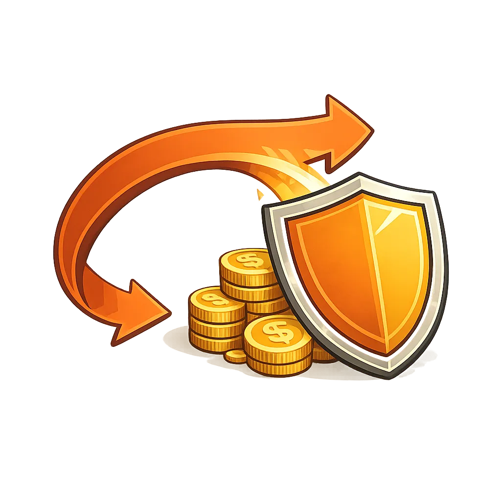 Cartoon refund arrow turning into protective shield around revenue